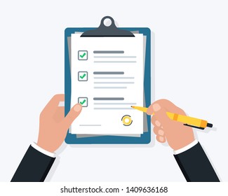 Businessman hand holding clipboard checklist with pen. Hand signing document.  