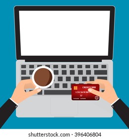 businessman hand holding coffee cup and credit card for online paying on laptop notebook pc. Vector illustration business concept design.