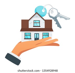 Businessman hand holding a cottage house with keys. Real estate, investment and mortgage concept. Vector illustration isolated on white background. 