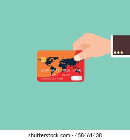 Businessman Hand holding credit card, flat design vector illustration.