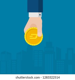 Businessman Hand Holding Cryptocurrency Gold Coin on a City Skyline Silhouette. Flat Vector Illustration of a Hand withDash Coin