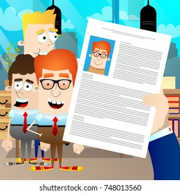 Businessman hand holding CV Profile of candidate. Vector cartoon character illustration. Business concept.