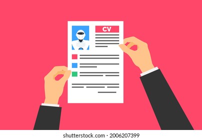 businessman hand holding cv resume robot artificial intelligence modern technology vector illustration