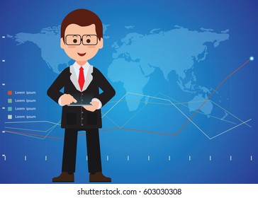 Businessman hand holding a digital tablet and statistics chart background, business conceptual vector illustration.