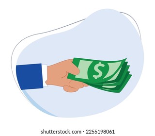 businessman hand holding dollar bill. businessman flat design illustration giving dollar bill