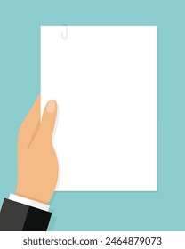Mano del hombre de negocios sosteniendo el papel en blanco vacío con Clip. Ilustración vectorial en diseño plano sobre fondo verde