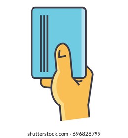 Businessman hand holding empty blank paper or visit card concept. Line vector icon. Editable stroke. Flat linear illustration isolated on white background