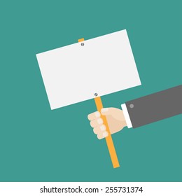 Businessman hand holding empty paper blank sign plate Flat design Vector illustration