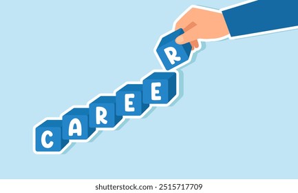 Uma mão de empresário segurando a peça final do quebra-cabeça rotulada carreira para completar o quebra-cabeça, ilustração de Uma longa jornada de carreira se aproximando da posição final na empresa como gerente ou diretor