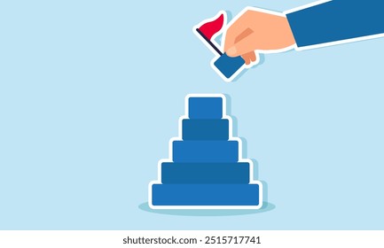 Uma mão de homem de negócios segurando a peça final do quebra-cabeça de blocos de madeira com uma bandeira para completar o quebra-cabeça, ilustração de Um homem de negócios tentando completar ou finalizar seu projeto de negócios