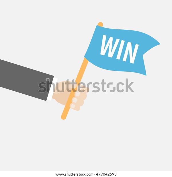Businessman hand holding flag with\
word Win. Motocross sport finishing. Car racing competition. Flat\
design style. White background. Isolated. Vector\
illustration