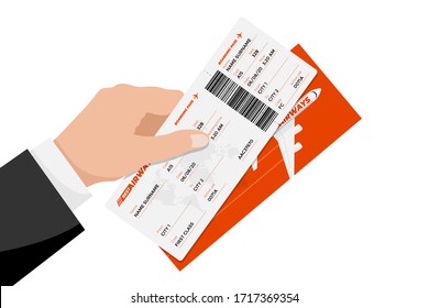 Businessman hand holding flight ticket boarding pass. Air travel and avia tourism document concept flat vector illustration