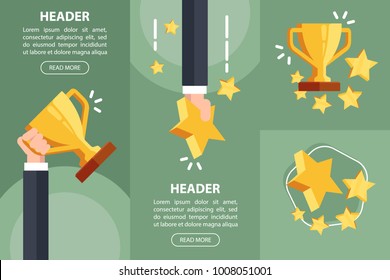 Businessman hand holding gold cup award.Concepts of first place champion trophy reward.Success and business goals. Winner holding award.Flat vector illustration on green background