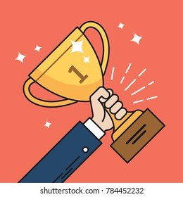 Businessman hand holding gold cup award. Vector illustration. First place champion trophy reward.
Success and business goals. Winner holding award.