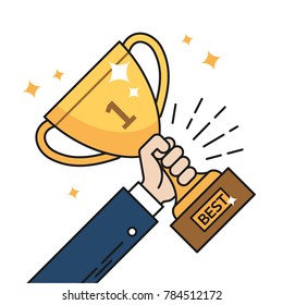 Businessman hand holding gold cup award. Isolated vector illustration. First place champion trophy reward.
Success and business goals. Winner holding award.