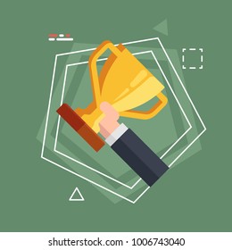 Businessman hand holding gold winner trophy cup.Concept of successful business people celebrating with trophy cup after winning first place by showing winner cup.Flat vector illustration on green