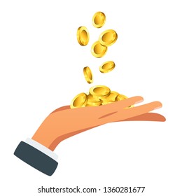 Businessman hand holding golden coins isolated on white background. Vector illustration.
