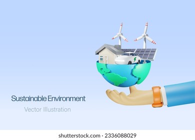 Businessman hand holding green globe with sustainable energy, wind turbines, solar panels and EV car. Ecology, environment, earth day and natural resources concept.	
