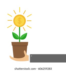 Businessman hand holding Growing money tree big shining coin with dollar sign Plant in the pot. Financial growth concept. Successful business icon. Flat design. White background. Isolated. Vector