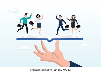 Businessman hand holding handbook with new employees, employee handbook, manual for onboarding new staff, procedure or rule for welcome new hire to know company, business manual for success (Vector)