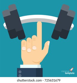 Businessman hand holding heavy barbell with only finger. Vector flat design abstract of power. Icon template.