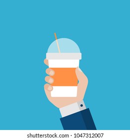 Businessman Hand Holding Hot Coffee Paper Cup. Takeaway Cup Flat Vector Illustration