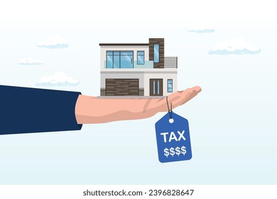 Businessman hand holding house with the price tags showing property tax with dollar signs to pay for, property tax, real estate or housing payment, money or bills to pay for government (Vector)