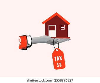 Businessman hand holding a house with price tags indicating property tax to be paid in dollars. Collage Art Vector illustration