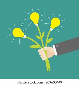 Businessman hand holding idea light bulb flowers. Flat design. Vector illustration