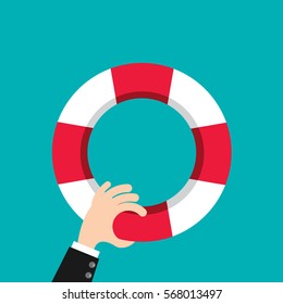 Businessman hand holding lifebuoy. Help, support concepts