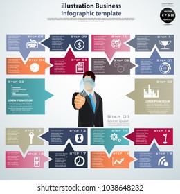 Businessman A hand holding Light bulb - Speech bubbles 19 Step Colorful -  Modern design Idea and Concept Vector illustration  Infographic template.