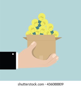 Businessman hand holding lightbulb idea box. vector