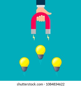Businessman hand holding magnet attracting light bulbs idea. Business concept. Vector illustration.