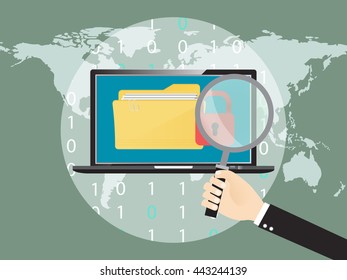 businessman hand holding magnifier search for password for unlock folder. technology network and data privacy and security