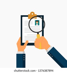 businessman hand holding a magnifying glass. search for employees and job interview. cv resume isolated on white background. vector Illustration.