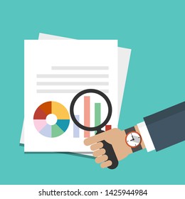 Businessman hand holding magnifying glass over document with graph, reports  icon. Data analysis concept vector illustration. Flat design style