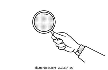 Businessman hand holding a magnifying glass. Inspection, exploration, zoom, scrutiny, audit, analysis concepts. Hand drawn vector illustration. Black and white.