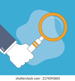 Businessman hand holding a magnifying glass. Vector design in thin line.