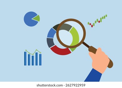 businessman hand holding magnifying glass analyze graph.