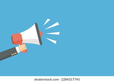 Businessman hand holding megaphone with copy space on blue background. Advertising over loudspeakers. Vector illustration in simple flat cartoon design.