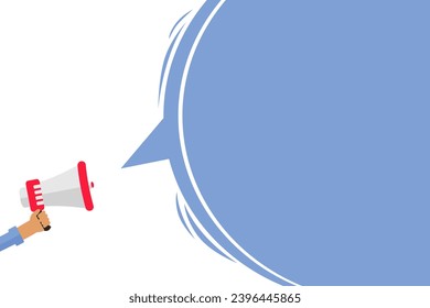 Businessman hand holding megaphone with copy Space on blue background. Advertising over loudspeakers, available free space. Vector illustration in simple flat cartoon design.