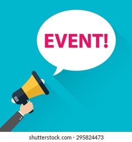 Businessman Hand Holding A Megaphone, Event And Speech Bubble, Vector