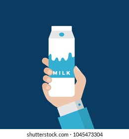 Businessman Hand Holding Milk Paper Box. Flat Vector Illustration