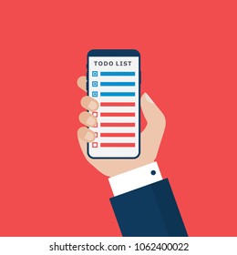 Businessman Hand Holding a Mobile with To Do List on the Screen. Flat Vector for Business, Web banners