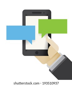 Businessman hand holding mobile phone with speech bubbles icons. With free space for your text or infographics