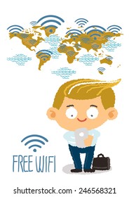 businessman hand holding mobile phone with free wi fi in worldmap-freehand drawing vector Illustration