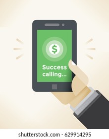 Businessman hand holding mobile phone with abstract incoming call "Success calling" notification on screen. Idea - Business success concepts.