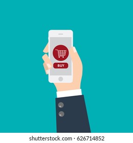 Businessman Hand holding mobile smart phone online shopping. Vector Flat design.