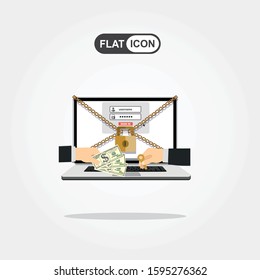 Businessman hand holding money banknote for paying the key from hacker for unlock laptop got ransomware malware virus computer. Vector illustration technology data privacy and security concept.