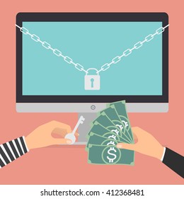 Businessman hand holding money banknote for paying the key from hacker for unlock folder got ransomware malware virus computer PC. Vector illustration technology data privacy and security concept.